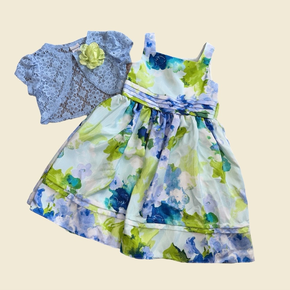 Elegant Floral Kids Dress with Blue Lace Bolero